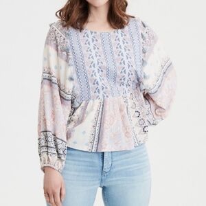 American Eagle Long Bell Sleeve Blouse Tassel Detail Floral Embroidered S